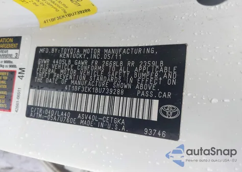 2011 Toyota Camry Xle из США, поврежденный, VIN 4T1BF3EK1BU739288